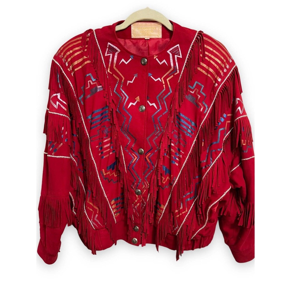 90s Sante Fe Salamander Leathers Women Navajo South Western Fringe Jacket Suede